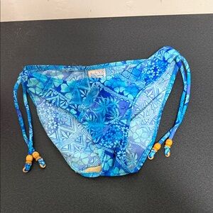 Blue Patterned Tie-Side Bikini Bottom with Bead Accents 90’s